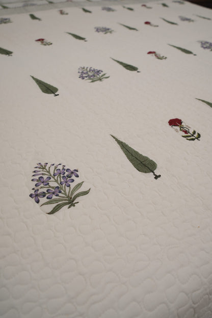 Red & Purple Floral with Green Leaf Handblock Cotton Percale 300 TC Bedsheet & Comforter Set