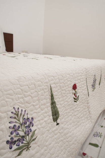 Red & Purple Floral with Green Leaf Handblock Cotton Percale 300 TC Bedsheet & Comforter Set