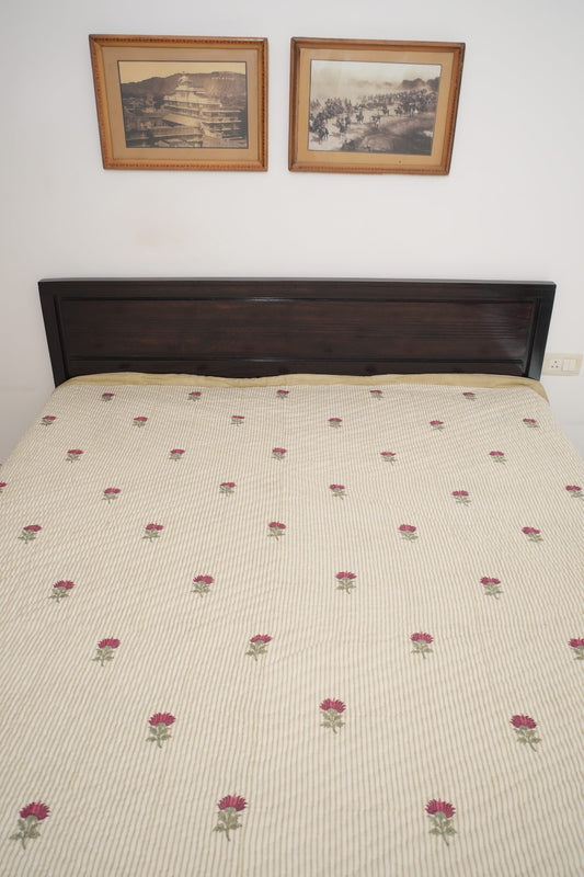 Small Pink Floral with Green Lines Handblock Reversible Double Quilt