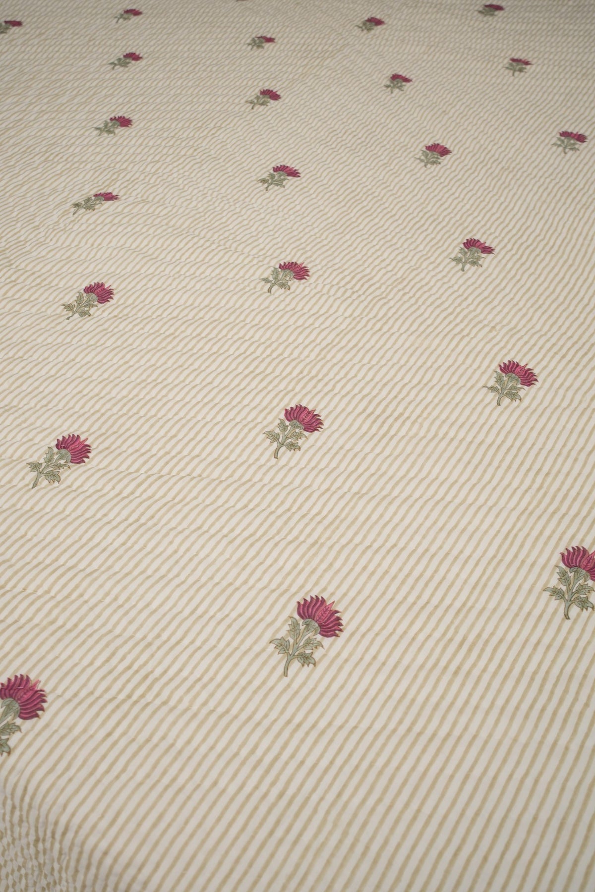 Small Pink Floral with Green Lines Handblock Reversible Double Quilt