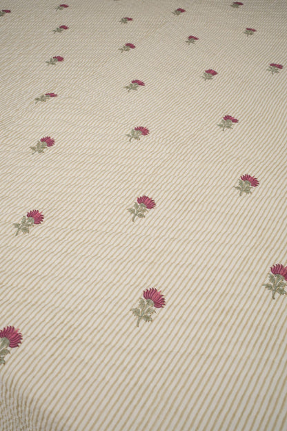 Small Pink Floral with Green Lines Handblock Reversible Double Quilt