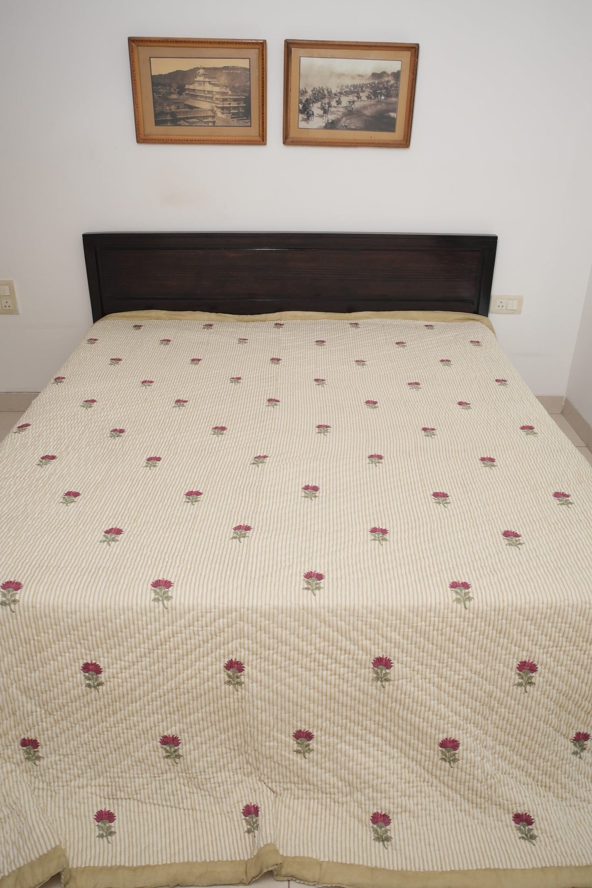 Small Pink Floral with Green Lines Handblock Reversible Double Quilt