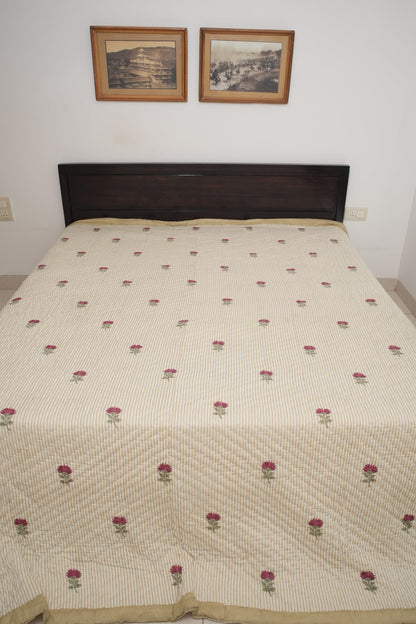 Small Pink Floral with Green Lines Handblock Reversible Double Quilt
