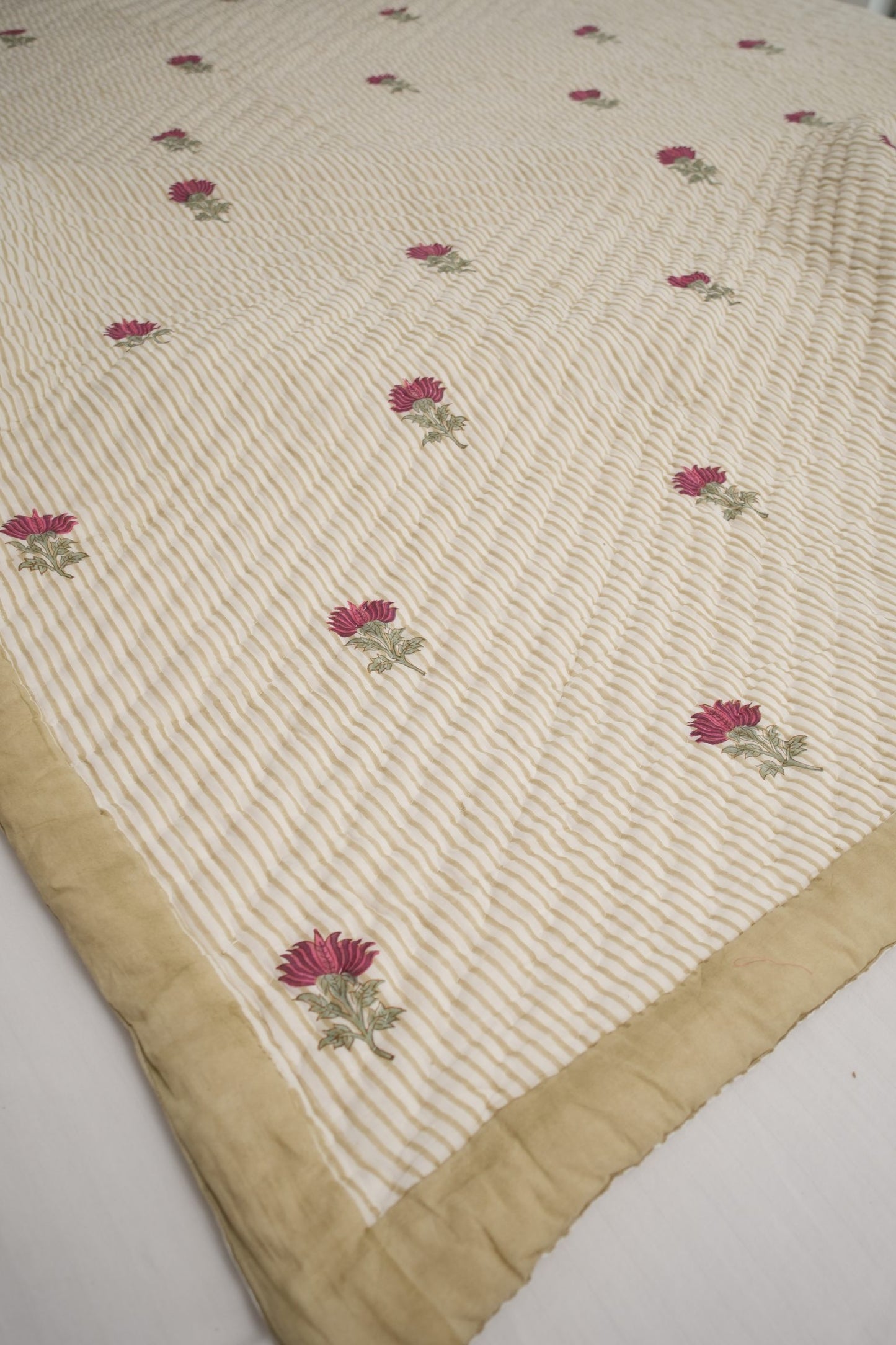 Small Pink Floral with Green Lines Handblock Reversible Double Quilt