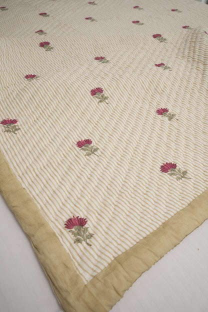 Small Pink Floral with Green Lines Handblock Reversible Double Quilt