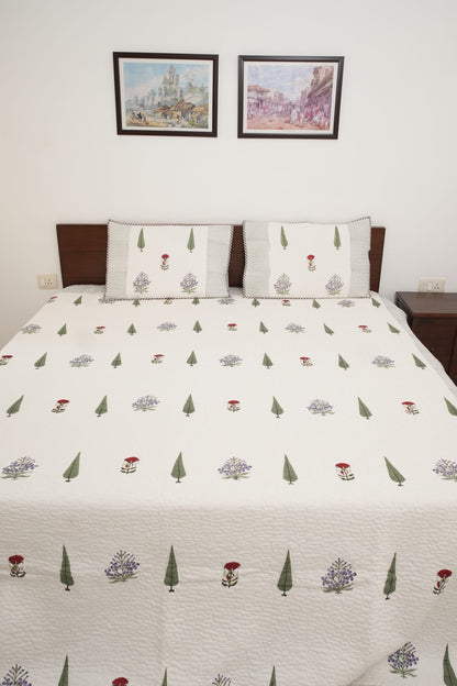 Small Red Flower, Green Leaf & Purple Flower Handblock Quilted Comforter Set with 2 Pillow Covers