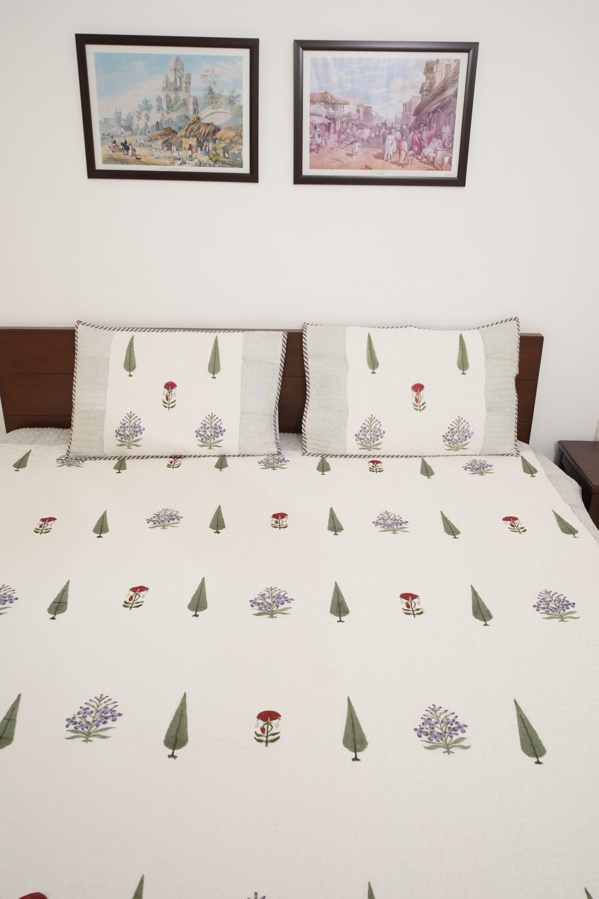 Small Red Flower, Green Leaf & Purple Flower Handblock Quilted Comforter Set with 2 Pillow Covers