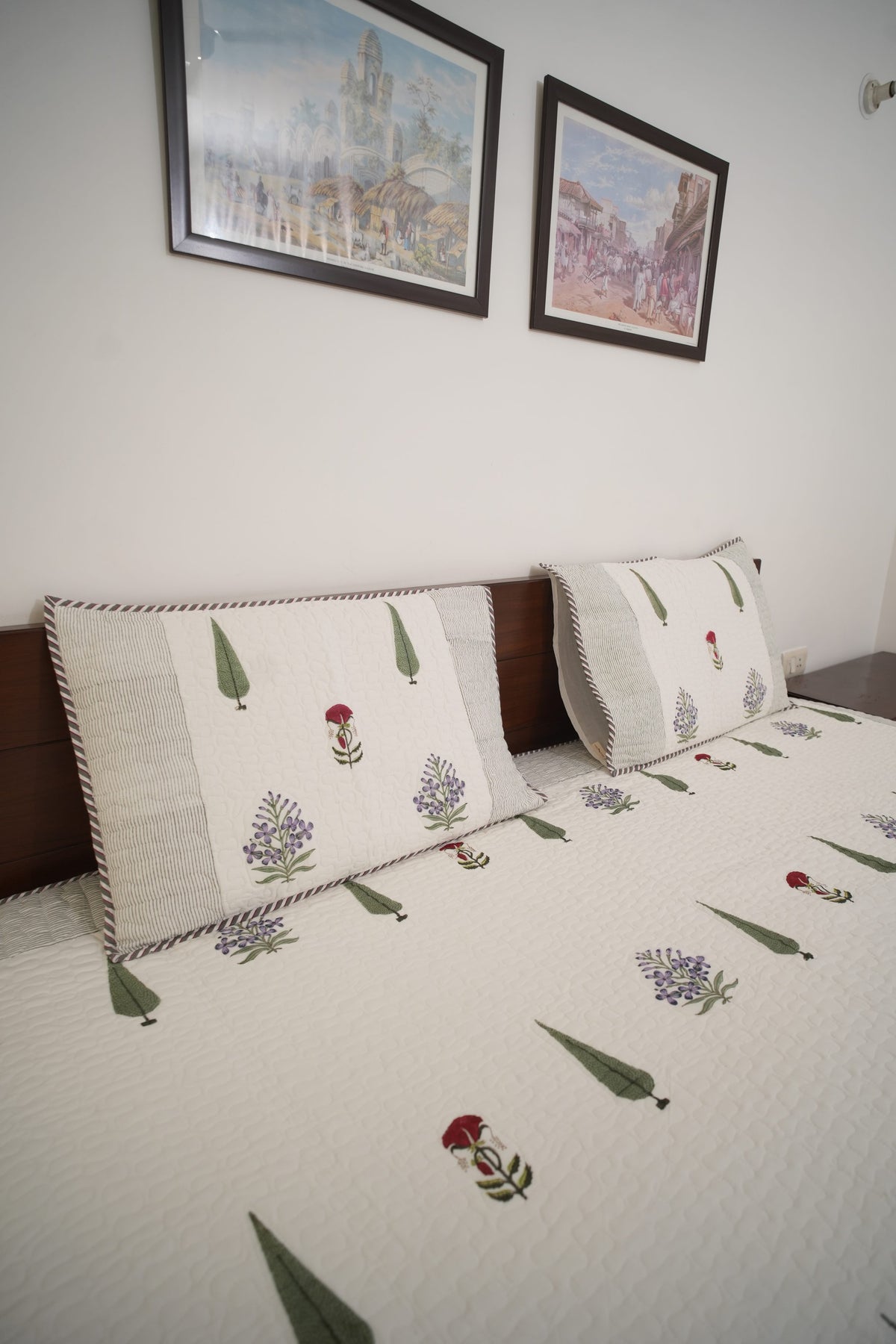 Small Red Flower, Green Leaf & Purple Flower Handblock Quilted Comforter Set with 2 Pillow Covers