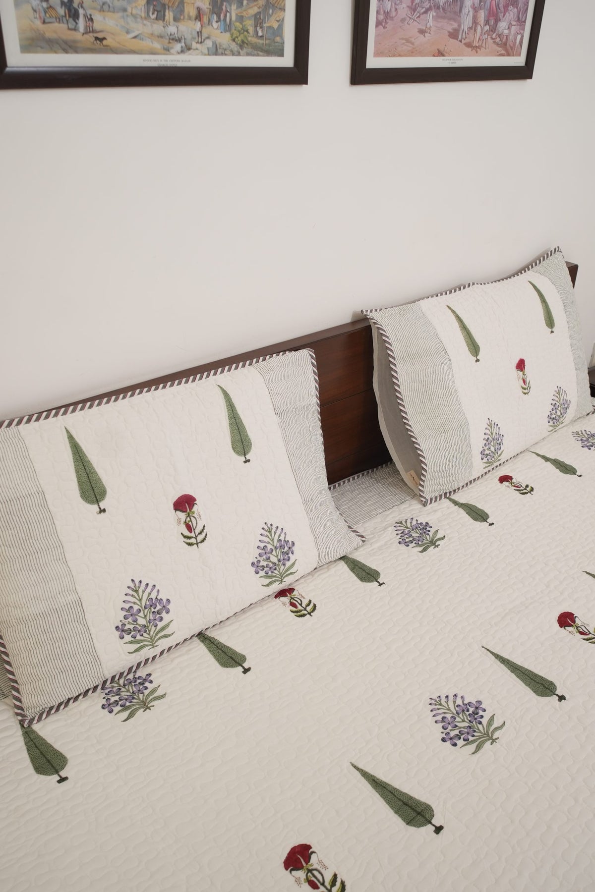 Small Red Flower, Green Leaf & Purple Flower Handblock Quilted Comforter Set with 2 Pillow Covers