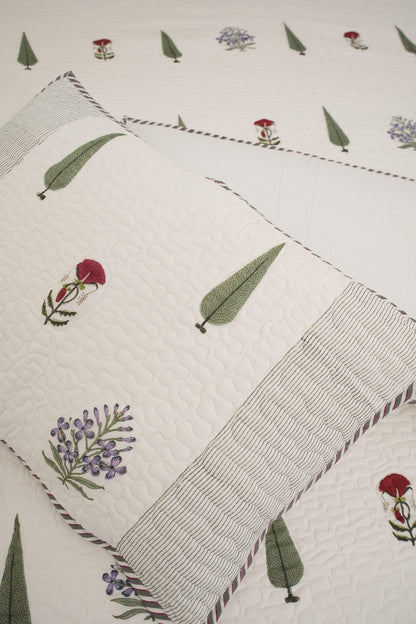 Small Red Flower, Green Leaf & Purple Flower Handblock Quilted Comforter Set with 2 Pillow Covers
