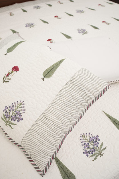 Small Red Flower, Green Leaf & Purple Flower Handblock Quilted Comforter Set with 2 Pillow Covers