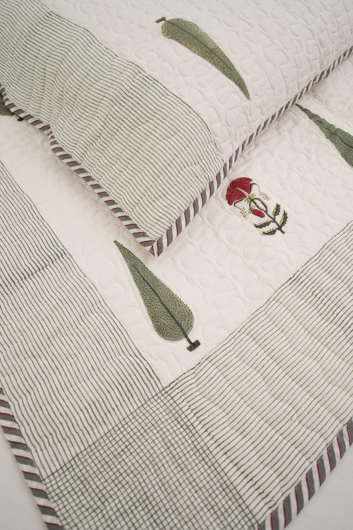 Small Red Flower, Green Leaf & Purple Flower Handblock Quilted Comforter Set with 2 Pillow Covers