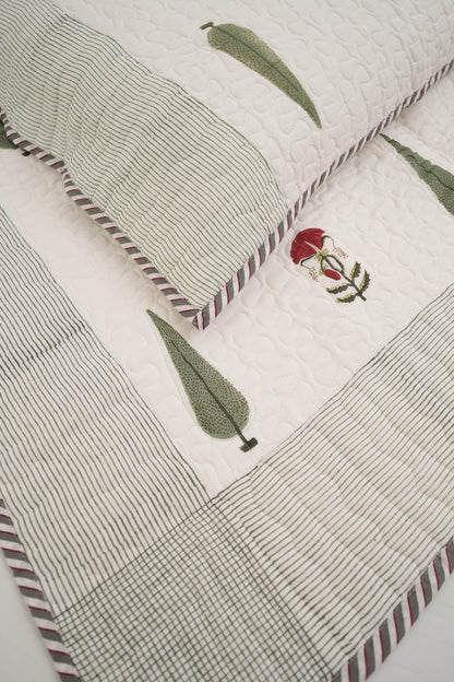 Small Red Flower, Green Leaf & Purple Flower Handblock Quilted Comforter Set with 2 Pillow Covers