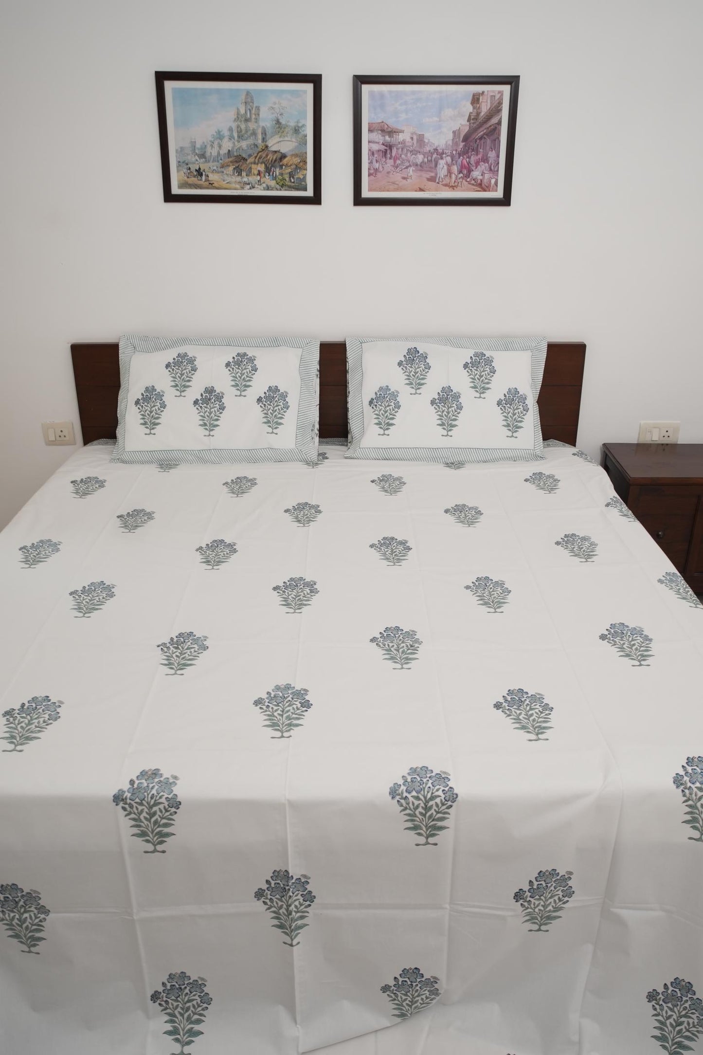 Green Floral Handblock Cotton Percale 300 TC Bedsheet