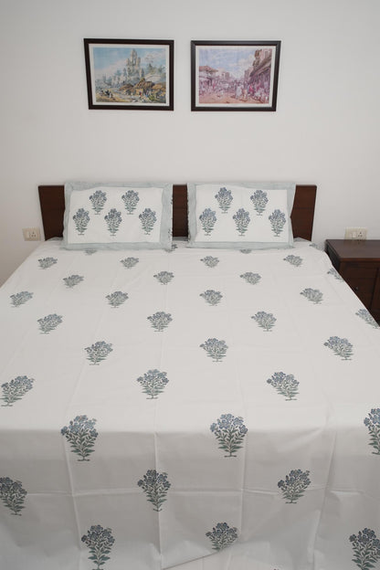Green Floral Handblock Cotton Percale 300 TC Bedsheet