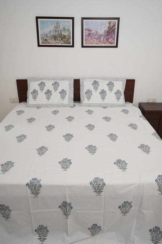 Green Floral Handblock Cotton Percale 300 TC Bedsheet
