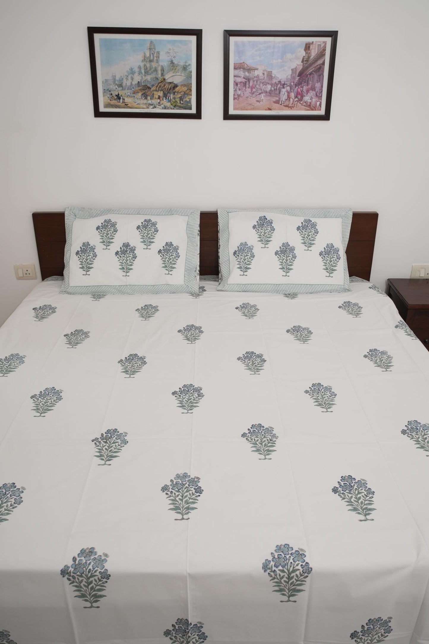 Green Floral Handblock Cotton Percale 300 TC Bedsheet