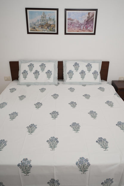 Green Floral Handblock Cotton Percale 300 TC Bedsheet