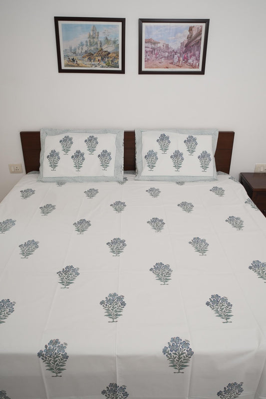 Green Floral Handblock Cotton Percale 300 TC Bedsheet