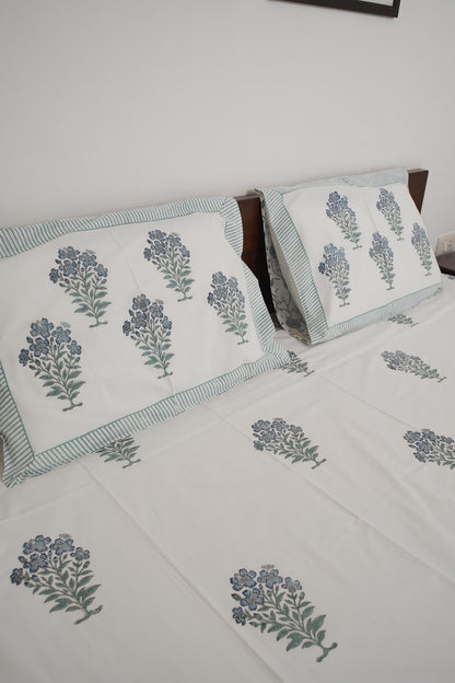 Green Floral Handblock Cotton Percale 300 TC Bedsheet