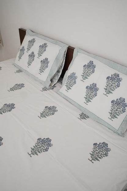 Green Floral Handblock Cotton Percale 300 TC Bedsheet