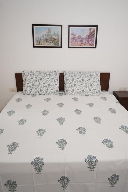 Green Floral Handblock Cotton Percale 300 TC Bedsheet