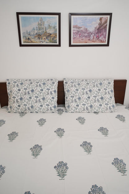 Green Floral Handblock Cotton Percale 300 TC Bedsheet