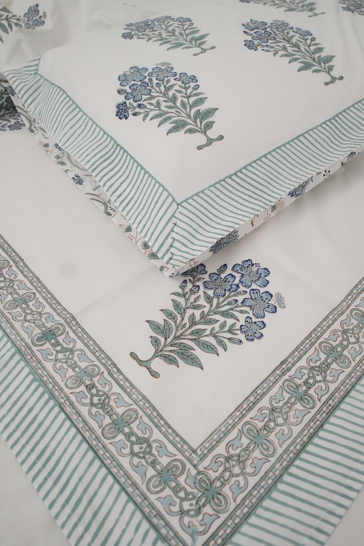 Green Floral Handblock Cotton Percale 300 TC Bedsheet