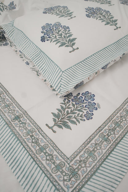 Green Floral Handblock Cotton Percale 300 TC Bedsheet