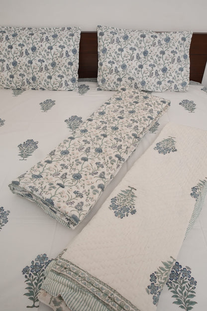 Grey Floral Handblock Cotton Percale 300 TC Bedsheet & Single Pair Quilt Set
