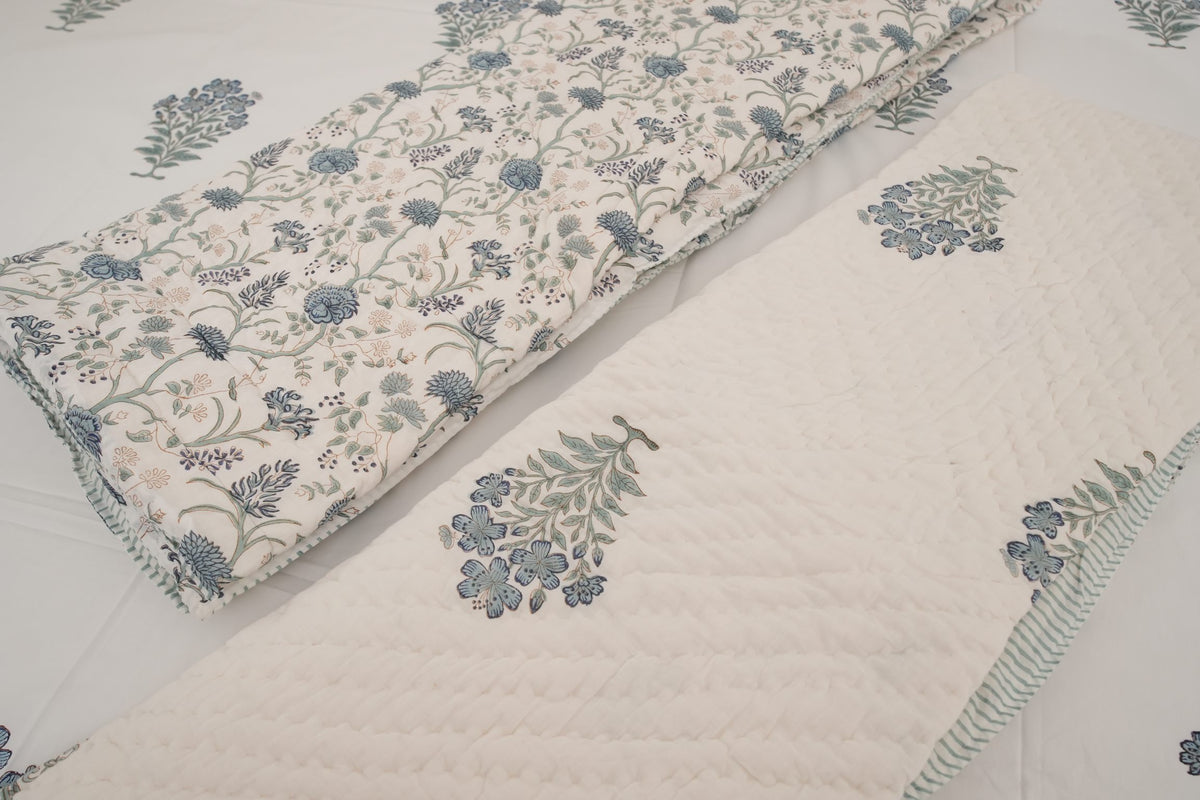 Grey Floral Handblock Cotton Percale 300 TC Bedsheet & Single Pair Quilt Set