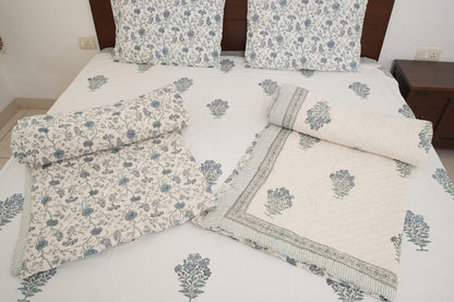 Grey Floral Handblock Cotton Percale 300 TC Bedsheet & Single Pair Quilt Set