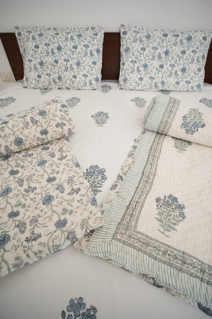 Grey Floral Handblock Cotton Percale 300 TC Bedsheet & Single Pair Quilt Set