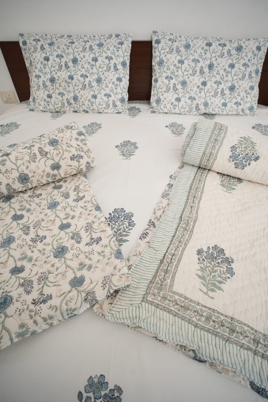 Grey Floral Handblock Cotton Percale 300 TC Bedsheet & Single Pair Quilt Set