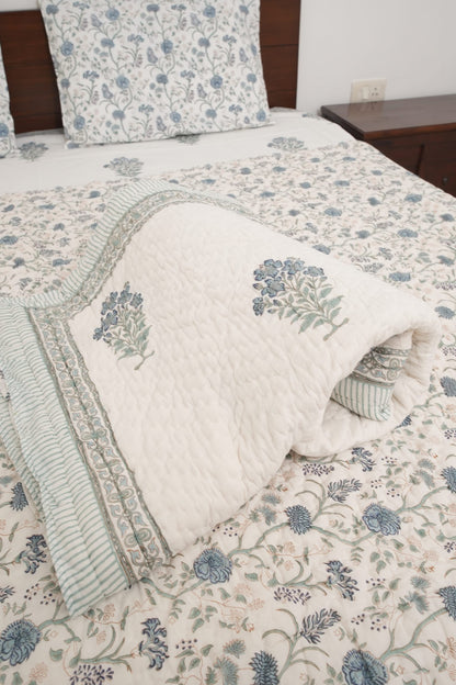 Grey Floral Handblock Cotton Percale 300 TC Bedsheet & Single Pair Quilt Set