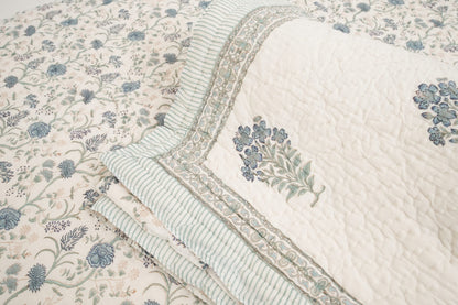 Grey Floral Handblock Cotton Percale 300 TC Bedsheet & Single Pair Quilt Set