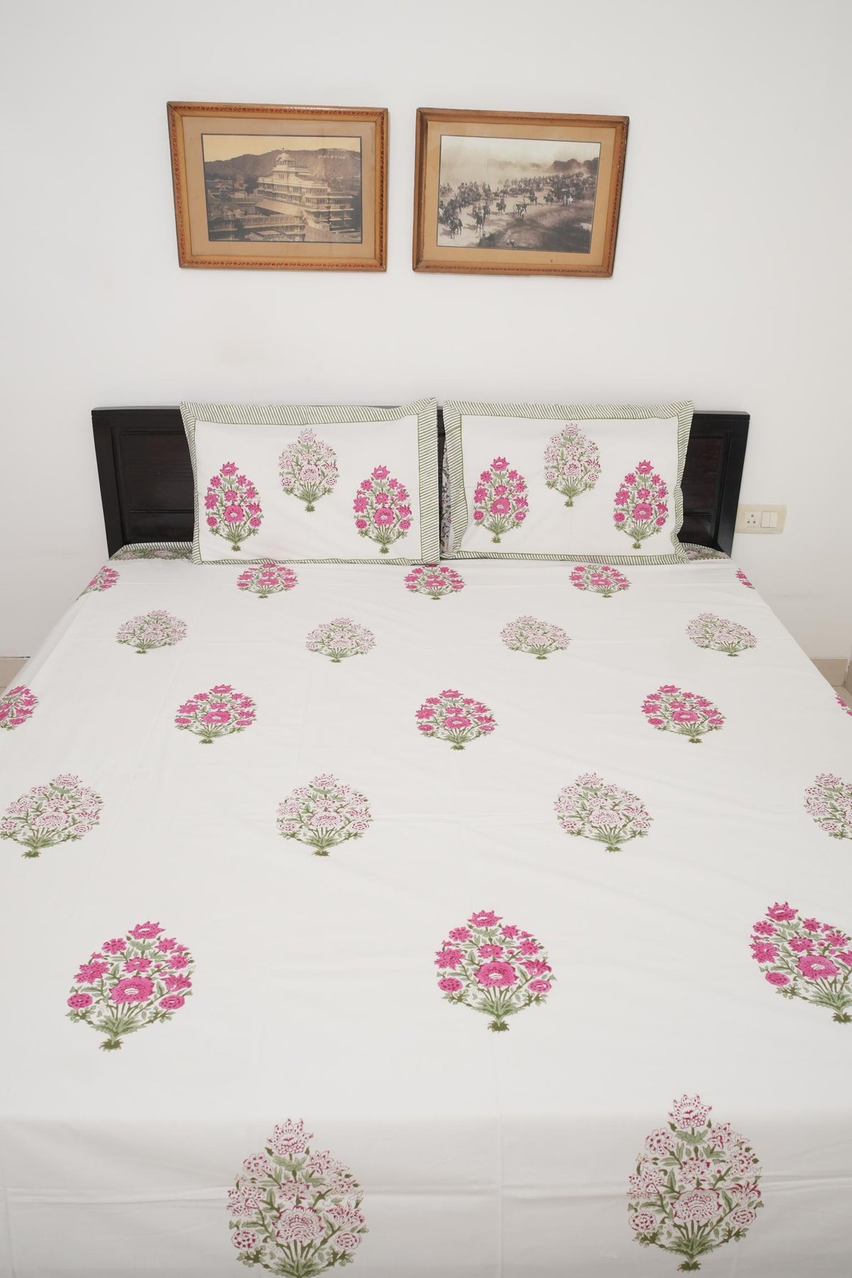 Big Pink Floral Handblock Cotton Percale 300 TC Bedsheet