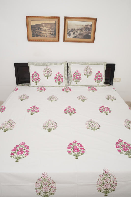 Big Pink Floral Handblock Cotton Percale 300 TC Bedsheet