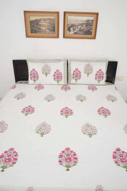 Big Pink Floral Handblock Cotton Percale 300 TC Bedsheet