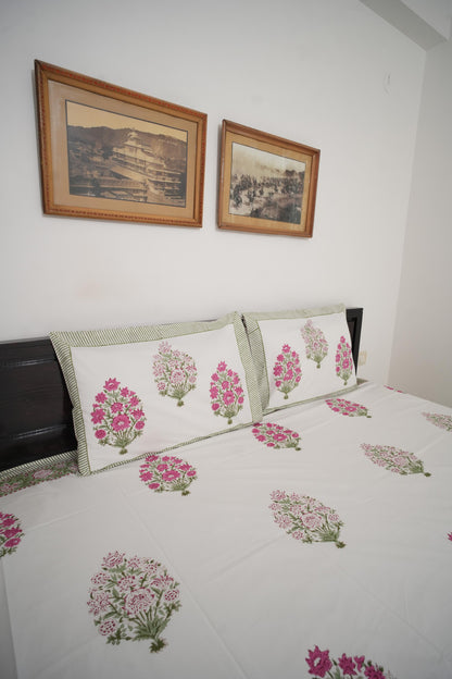 Big Pink Floral Handblock Cotton Percale 300 TC Bedsheet