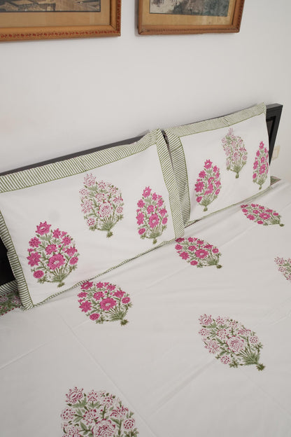 Big Pink Floral Handblock Cotton Percale 300 TC Bedsheet