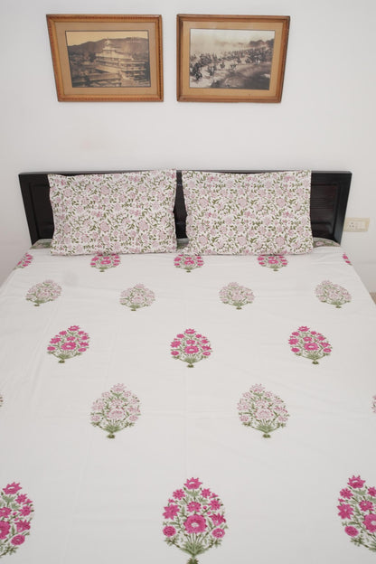 Big Pink Floral Handblock Cotton Percale 300 TC Bedsheet