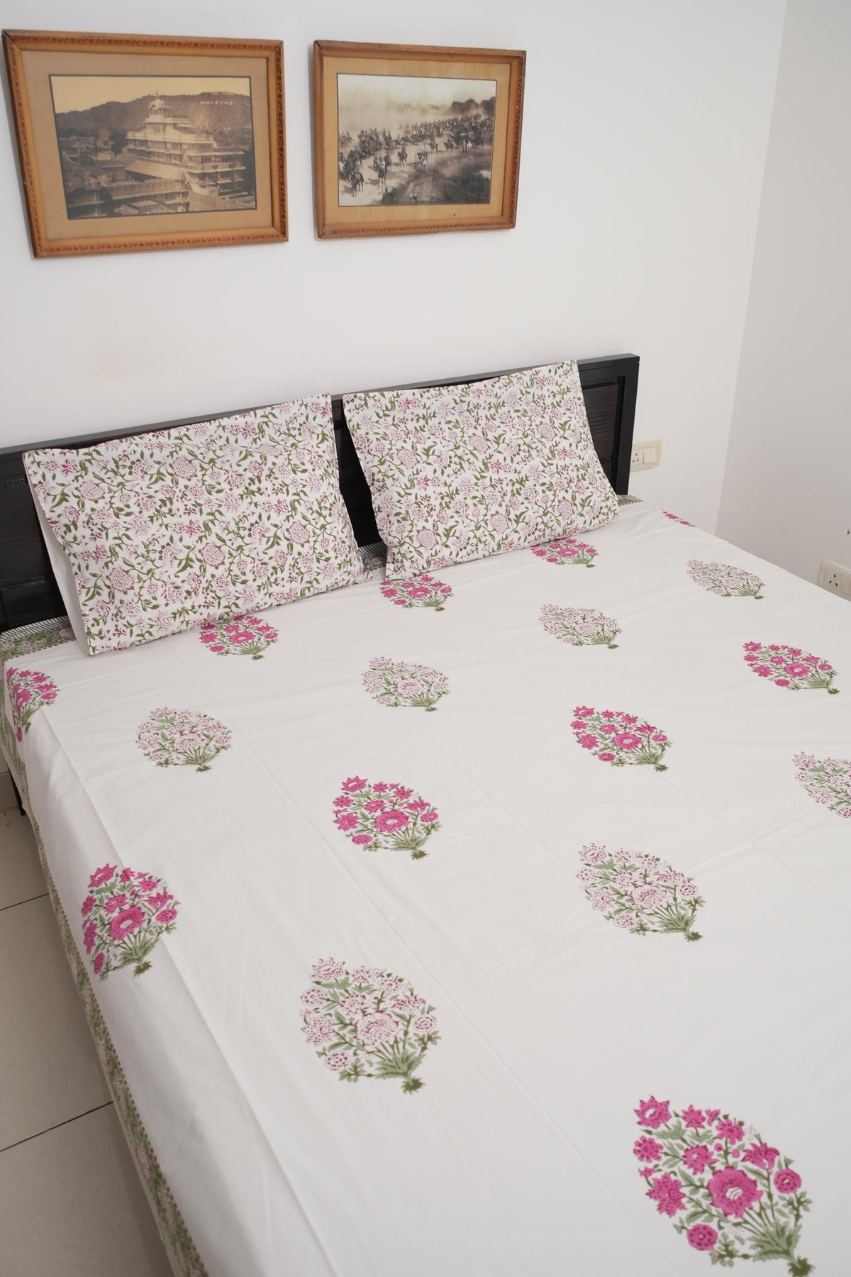 Big Pink Floral Handblock Cotton Percale 300 TC Bedsheet