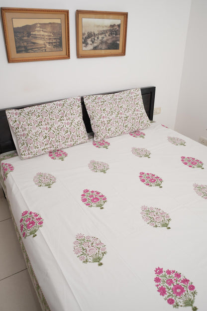 Big Pink Floral Handblock Cotton Percale 300 TC Bedsheet