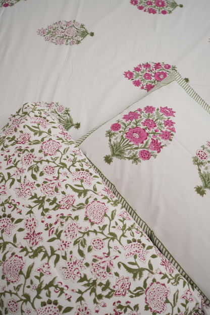 Big Pink Floral Handblock Cotton Percale 300 TC Bedsheet