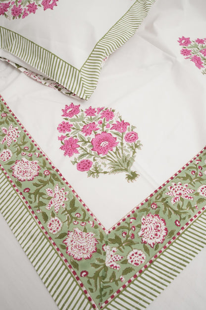 Big Pink Floral Handblock Cotton Percale 300 TC Bedsheet