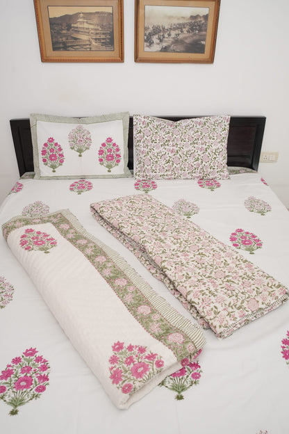 Big Pink Flower Handblock Cotton Percale 300 TC Bedsheet & Single Pair Quilt Set