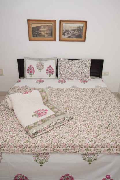 Big Pink Flower Handblock Cotton Percale 300 TC Bedsheet & Single Pair Quilt Set