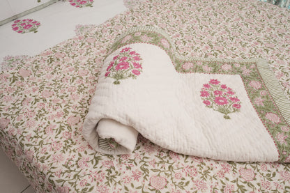 Big Pink Flower Handblock Cotton Percale 300 TC Bedsheet & Single Pair Quilt Set