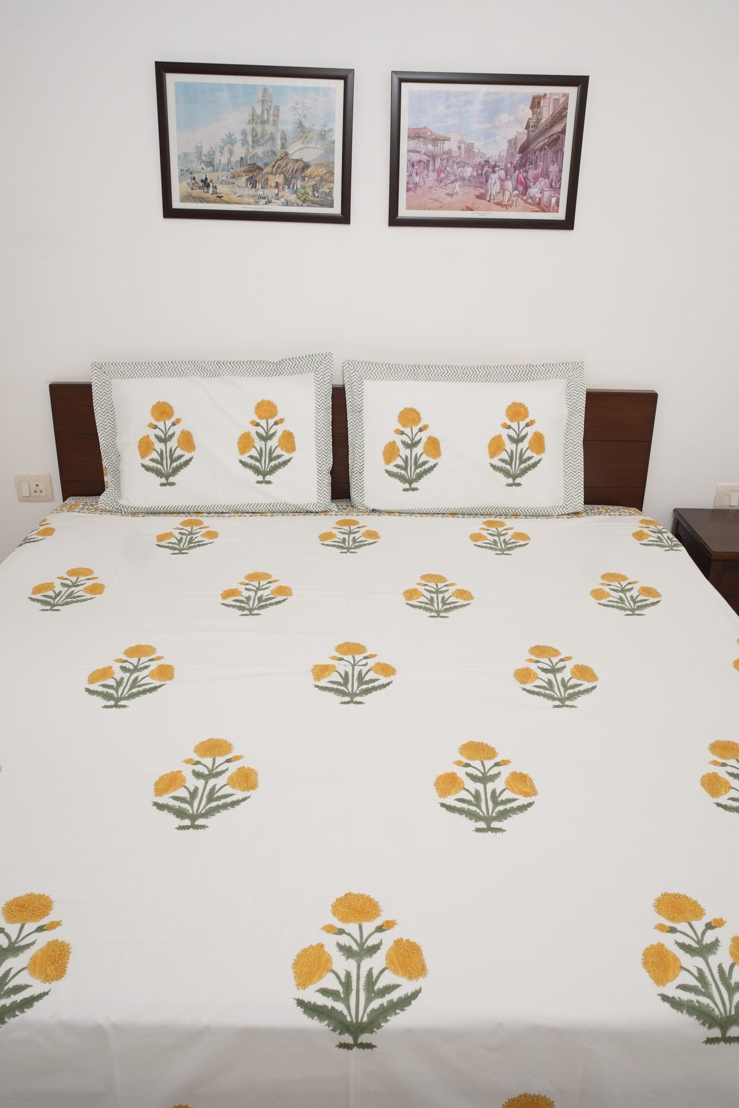 Yellow Poppy Handblock Cotton Percale 300 TC Bedsheet